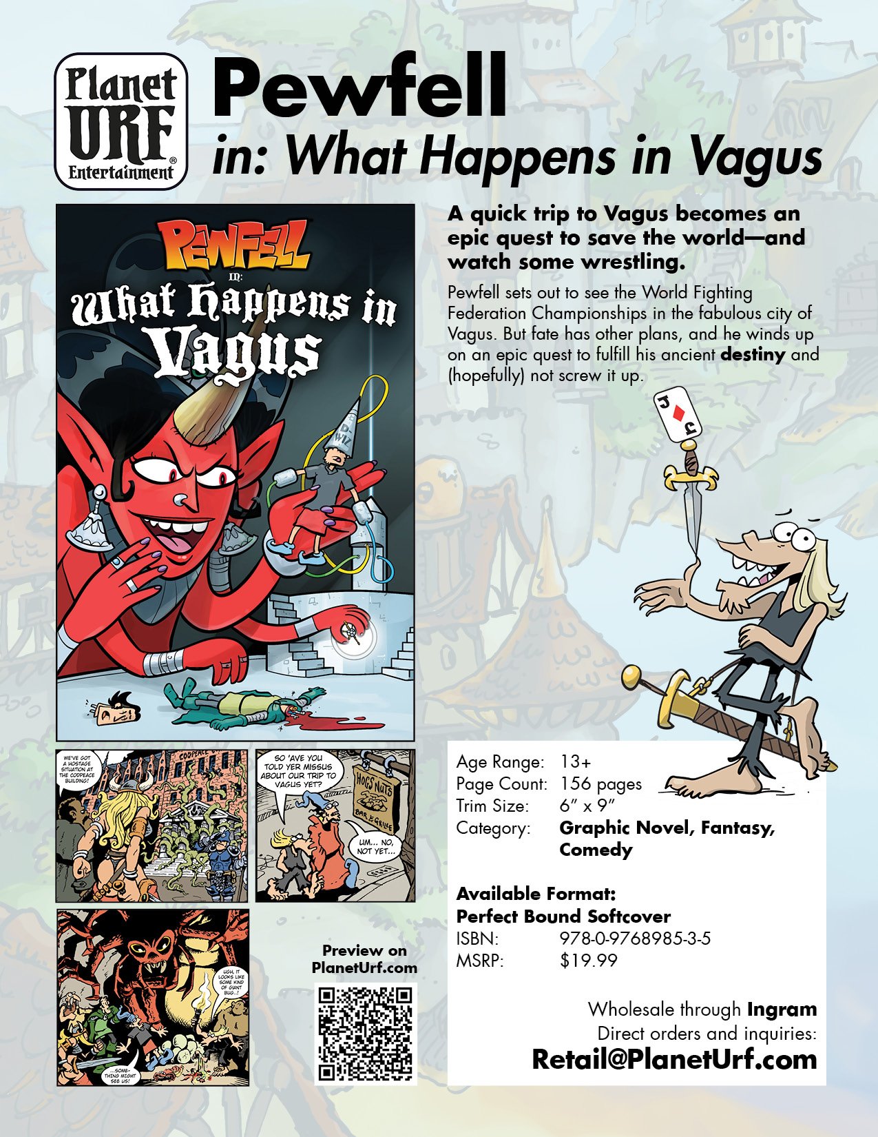 Pewfell in What Happens in Vagus – a humorous fantasy adventure graphic novel with epic quests, magic, and satirical wizard misadventures.