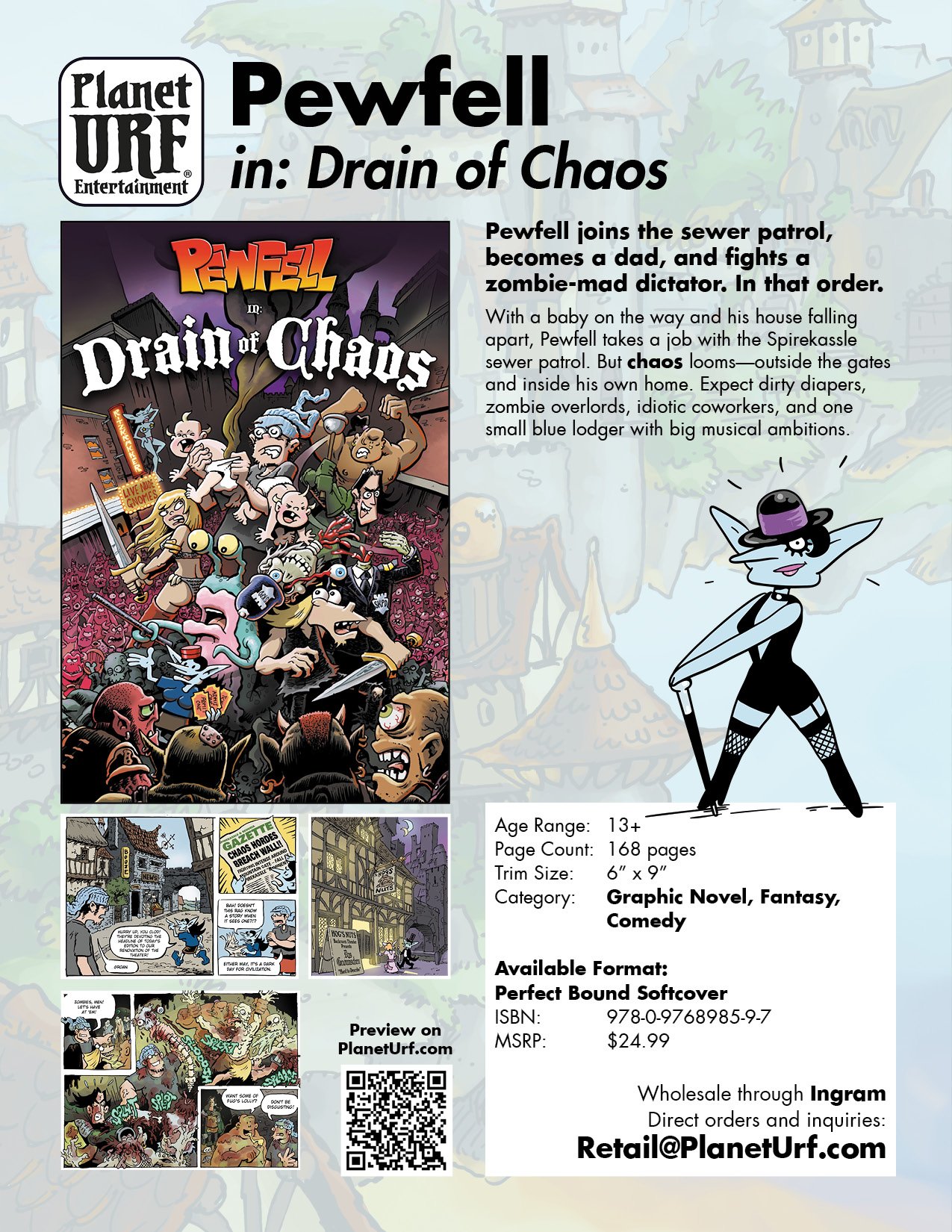 Pewfell in Drain of Chaos – wizard comedy graphic novel. Fatherhood, chaos, and Spirekassle's wildest adventure yet. Deluxe edition available.