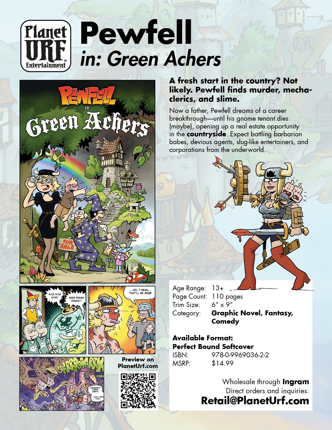 Pewfell in Green Achers – wizard comedy graphic novel on Planet Urf. Chaos, demons, robots, and misadventures await in full-color fun.