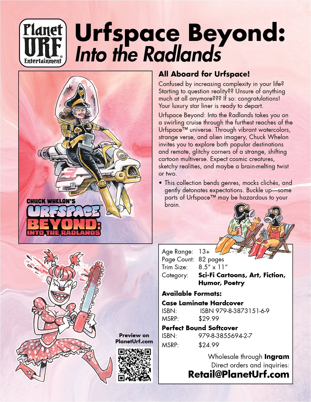 Explore Urfspace Beyond Into the Radlands, a post-apocalyptic sci-fi cartoon art book by Chuck Whelon, packed with futuristic illustrations and humor.