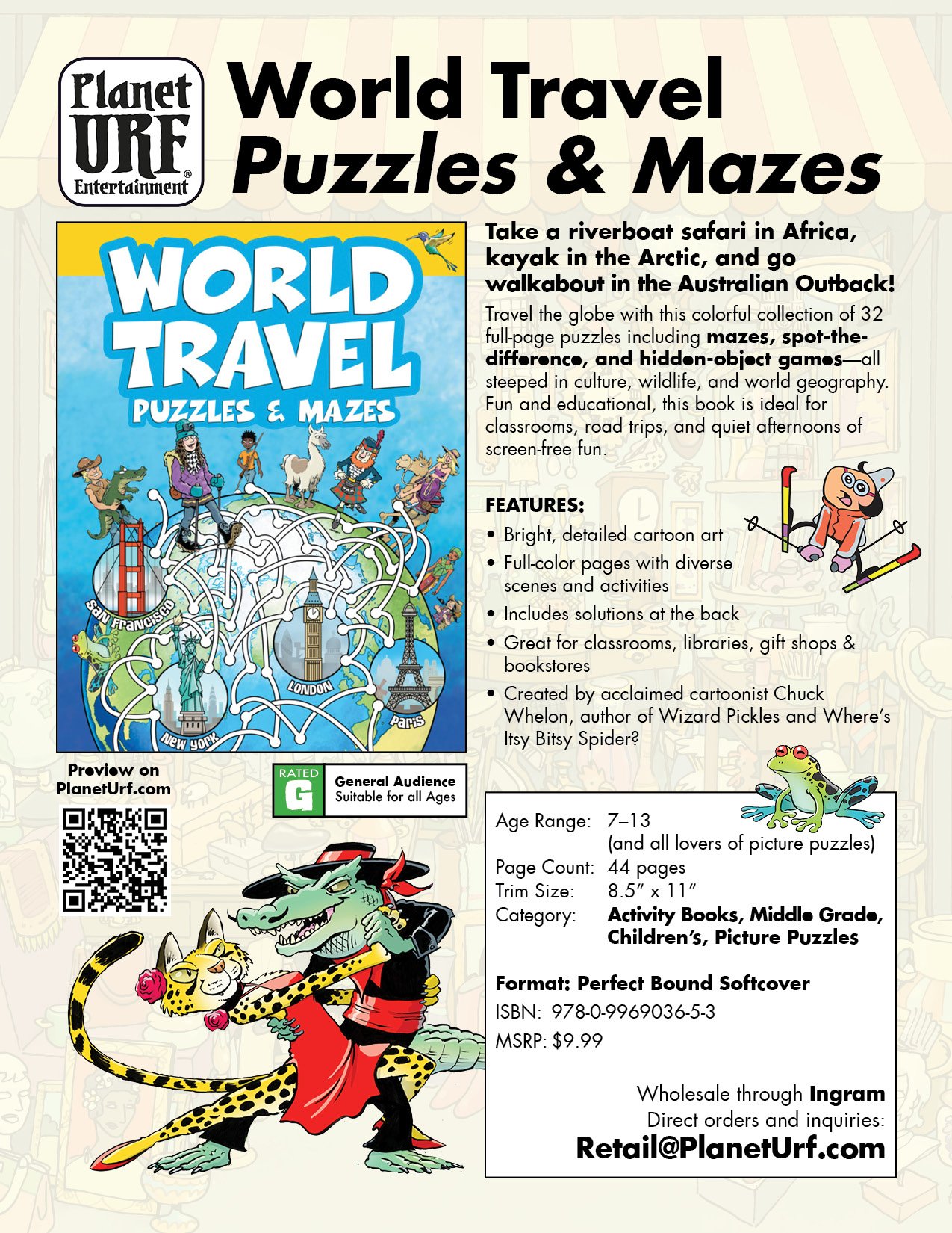 World Travel Puzzles and Mazes takes kids on a global adventure with 32 illustrated puzzles: mazes, spot-the-difference & hidden objects. Ages 6–13.