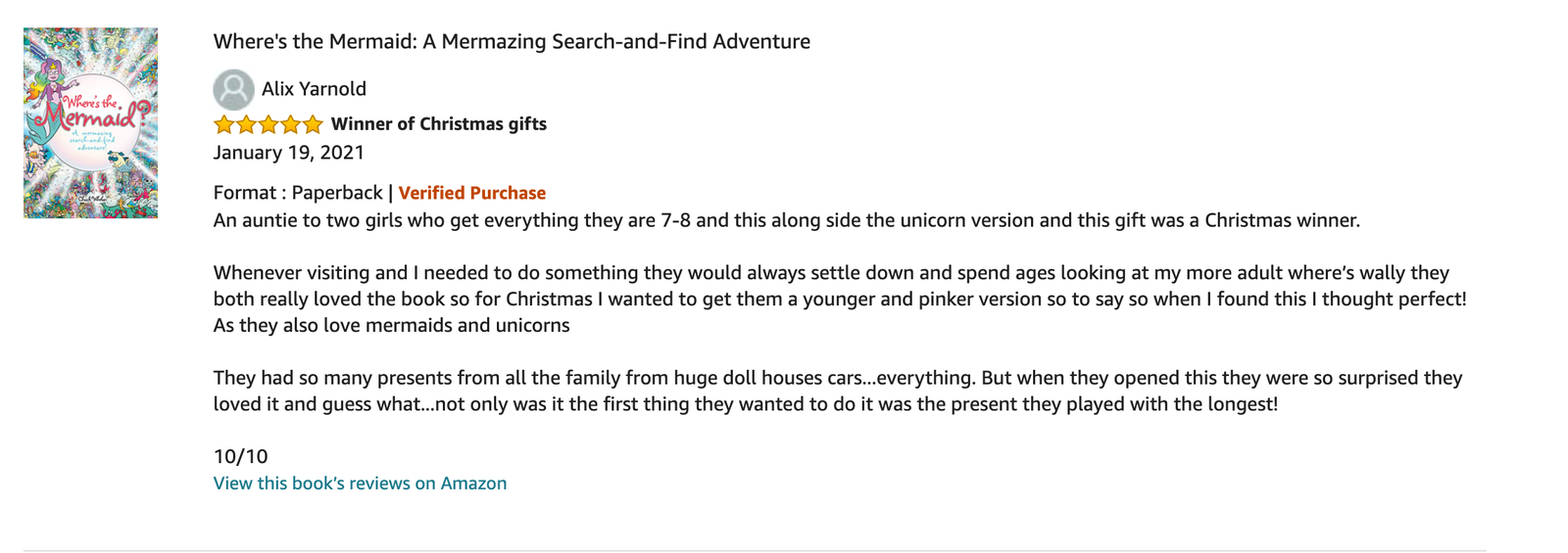 One of hundreds of 5-star reviews for Where's the Mermaid on Amazon